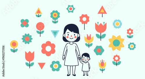 A cartoon illustration of a mother and child surrounded by colorful flowers.
