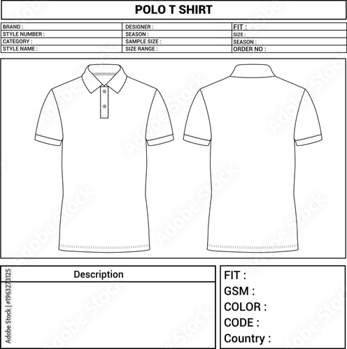 Men’s Polo T-Shirt Tech Pack Template – Garment Technical Specification Sheet