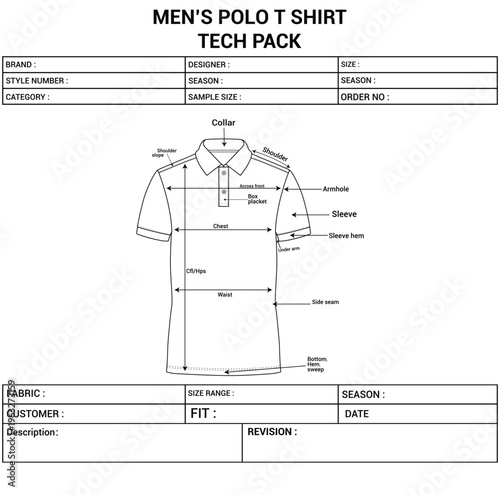 Men’s Polo T-Shirt Tech Pack Template – Garment Technical Specification Sheet