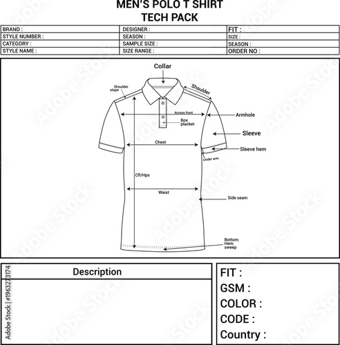 Men’s Polo T-Shirt Tech Pack Template – Garment Technical Specification Sheet