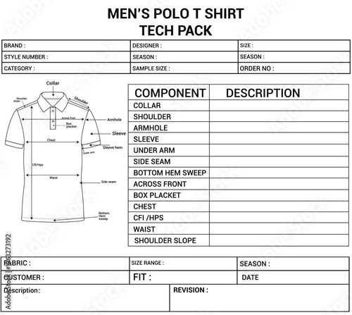 Men’s Polo T-Shirt Tech Pack Template – Garment Technical Specification Sheet