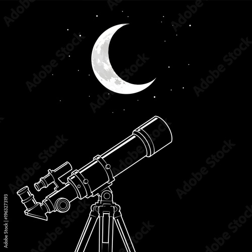 Telescope pointed at the crescent moon and stars in the night sky, representing astronomy and exploration.