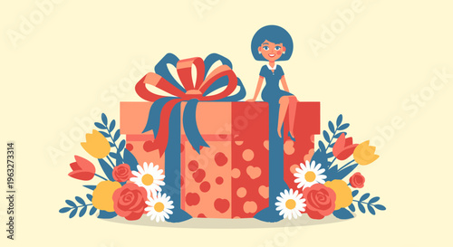 A cartoon woman standing next to a gift box with flowers and ribbons.