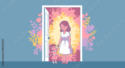 a woman and a child standing in a doorway with flowers.