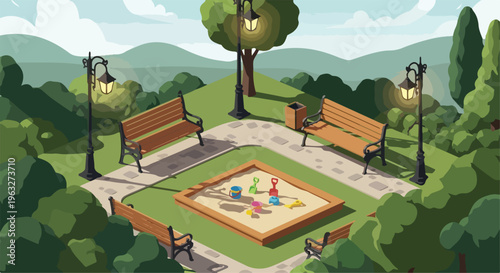 Isometric Park Playground with Sandpit, Benches, and Streetlights Vector Illustration