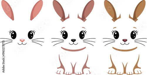 Three cartoon bunny faces with different expressions and colors sit side by side