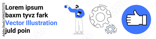 Workflow automation, process improvement, technology tools, user experience, customer satisfaction, digital strategy. Person setting up gears and thumbs-up gesture icon. Workflow automation