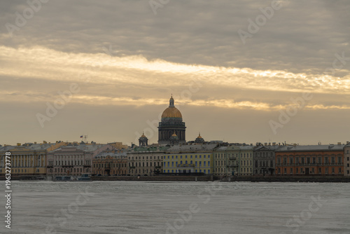 Winter evening in Saint Petersburg by the frozen river