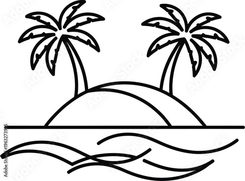 Tropical paradise island with coconut palm trees outline icon. Line sign wild uninhabited island. Vector isolated pictogram for web and app 