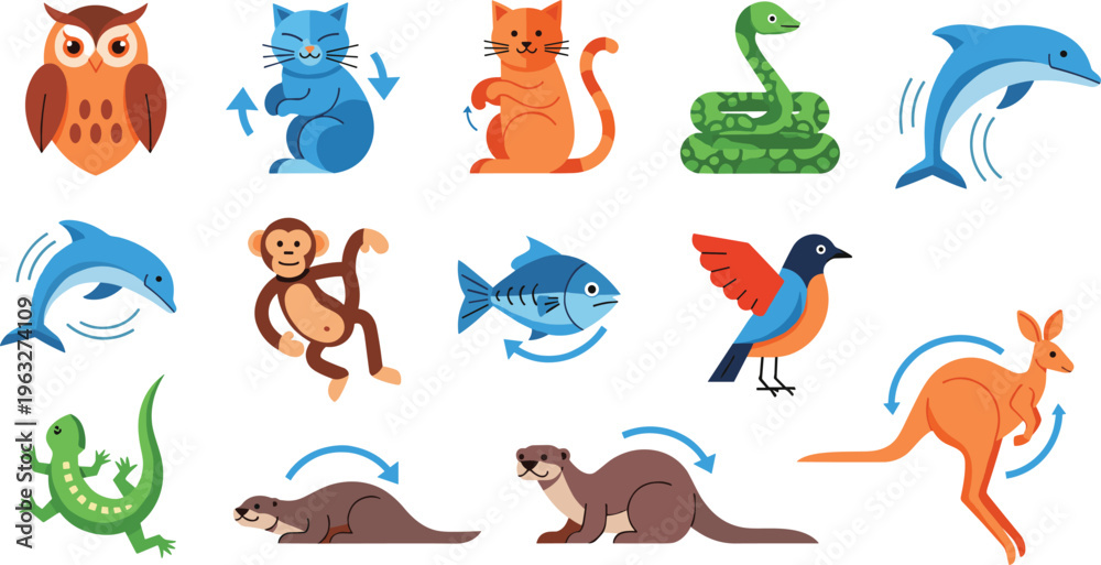 Obraz premium Cute Animal Movement Icon Set with Owl Cat Snake Dolphin Monkey Fish Bird Kangaroo Reptile and Mammal Motion Poses for Educational Vector Design