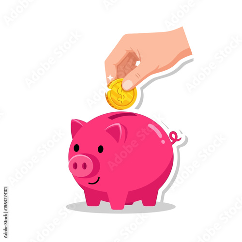Hand inserting a gold coin into a pink piggy bank for saving money and financial planning.