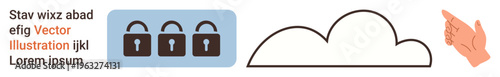 Data privacy, cloud storage, cybersecurity, online protection, digital security, hand gestures. Three padlocks, a cloud symbol and a pointing hand. Data privacy and cloud storage