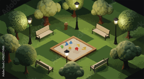 Isometric Park Sandbox with Benches and Trees Vector Illustration