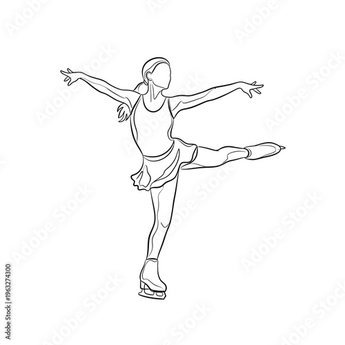 Line drawing of a female figure skater performing an arabesque on ice skates, showcasing grace and athleticism.