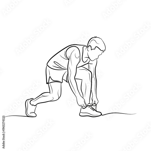 Athlete tying shoelaces before a race, preparing for a sports competition.