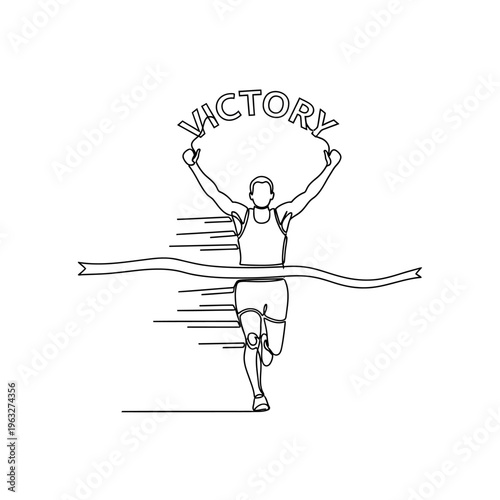 Athlete crossing the finish line with arms raised in victory, celebrating a successful race.