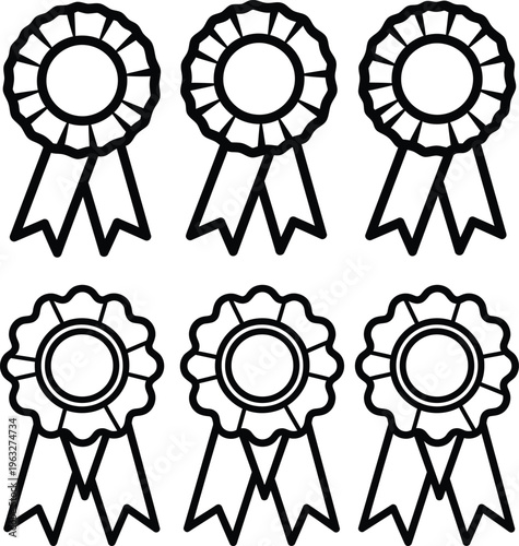 High Reward, achievement award trophy, best prize, outline icons. Line signs badge, medallion rosette with ribbon. Vector isolated pictograms for web and app 