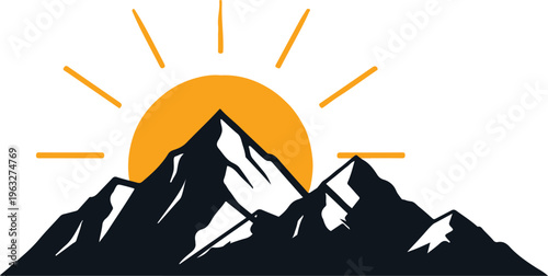 Mountain sunrise landscape with snow capped peaks and vibrant yellow sun