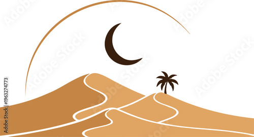 Desert landscape with crescent moon and palm tree silhouette at dusk