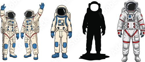 Set of 4 Astronaut Vector Illustrations with Different Poses, Space Suit Designs, and Silhouettes for Digital Media, Websites, and Graphic Design Projects