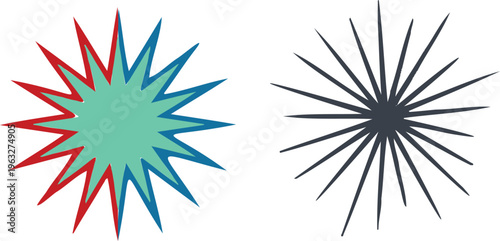 Multicolored and monochromatic starburst designs side by side on white background