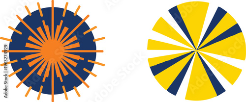 Vibrant abstract circular designs with yellow orange and blue hues on white background