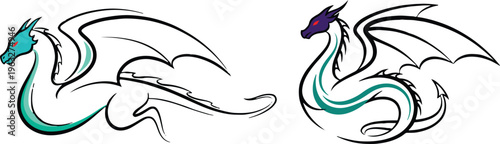 A whimsical illustration of two mystical dragons in profile showcasing their vibrant turquoise and purple hues