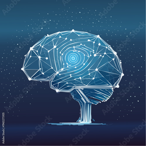 Abstract digital representation of a human brain, illuminated with intricate connections and glowing neural pathways, symbolizing artificial intelligence and innovation in a cosmic setting