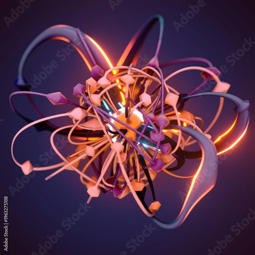Abstract 3D Glowing Molecular Structure with Neon Light Paths