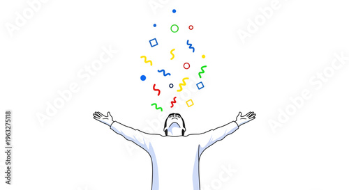 Celebration of Success with Colorful Abstract Shapes Falling on Person