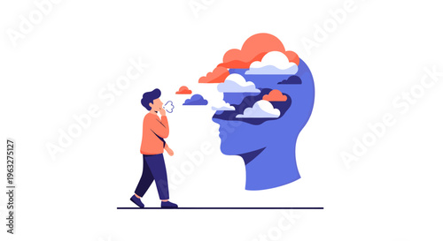 Mindful Person Breathing Thoughts as Clouds into a Large Human Head