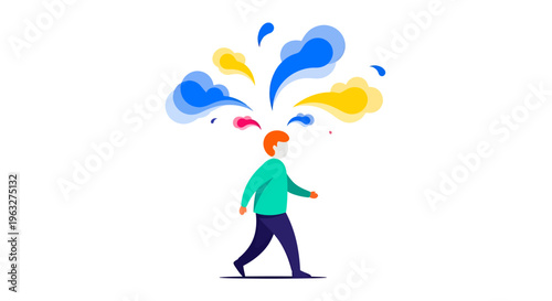 Person Walking with Colorful Ideas and Thoughts Flowing from Mind