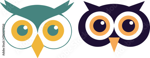 Two cartoon owl faces with large eyes and colorful details