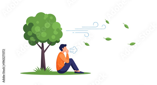 Person Sneezing Under Tree with Leaves Blowing in Wind Due to Allergy Season