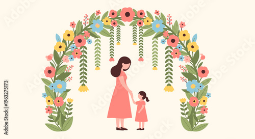 Mother and child under floral archway.