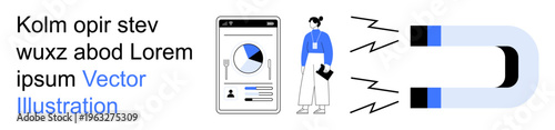 Customer engagement, marketing strategies, data analysis, statistical tools, user acquisition, digital marketing. Magnet attracting elements with a person and dashboard. Customer engagement