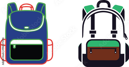 Detailed illustration of two colorful backpacks with multiple pockets and compartments