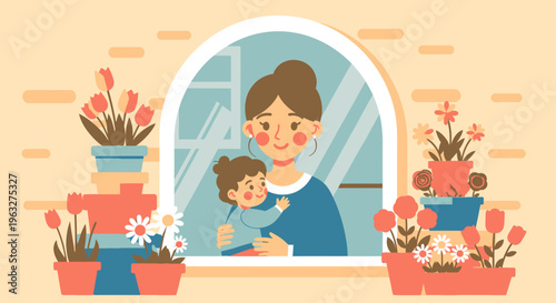 Mother and child looking out window.