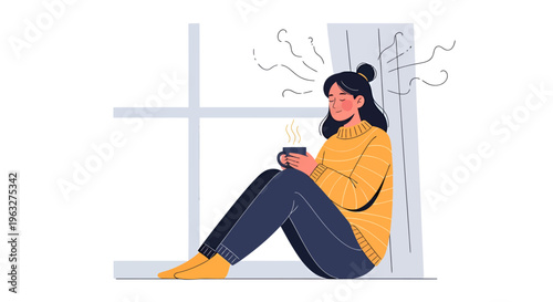 Woman Relaxing by Window Holding Warm Steaming Mug with Peaceful Expression