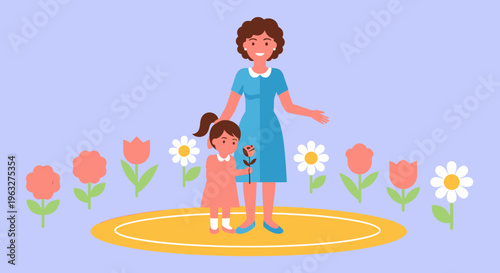 A woman and a little girl standing on a yellow circle surrounded by flowers.