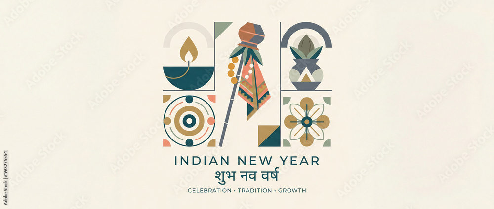 Fototapeta premium Vibrant cultural symbols gracefully herald the joyous arrival of Indian New Year, embodying ancient traditions and future growth