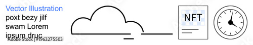 Cloud technology, digital assets, time tracking, blockchain, decentralized storage, efficiency. Minimal cloud design next to NFT and clock icons. Cloud technology and digital assets concept