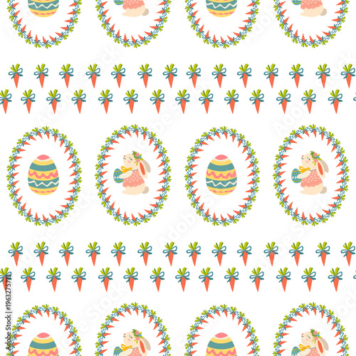 Seamless Easter pattern with bunnies eggs carrots and decorative frame