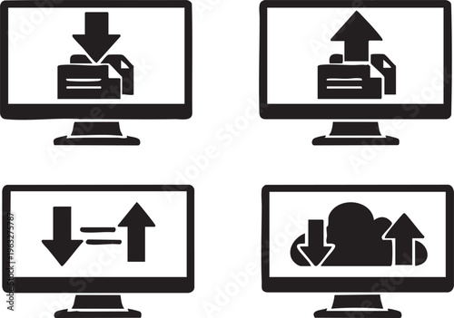  Set of 4 Download and upload icon. Computer screen with data transfer arrows vector illustration. Online cloud storage and file sharing symbol. Internet data exchange on desktop sign.