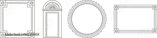 Black, line, frame, set, including, classical, architectural, borders, circle, rectangle, and, window, shapes, with, stars, for, decorative, vector, design,