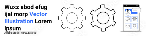 Mobile app screen with user profile photo and navigation icons alongside two cogwheels. Ideal for technology, user settings, app development, system optimization, coding, engineering, UIUX design