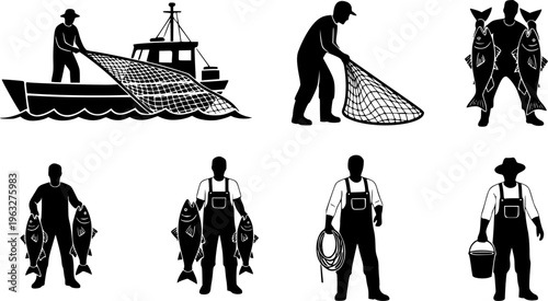 Professional Fishermen Silhouette Set - Commercial Fishing Net, Boat, and Fish Catch Vector Collection