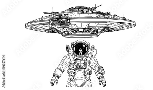 Floating astronaut beneath alien spaceship detailed vector illustration futuristic sci-fi concept isolated on white
