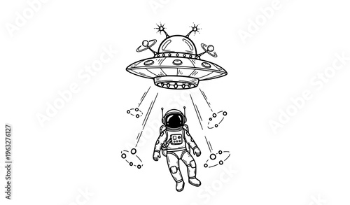 Hand drawn floating astronaut beneath alien spaceship vector illustration whimsical sci-fi isolated on white
