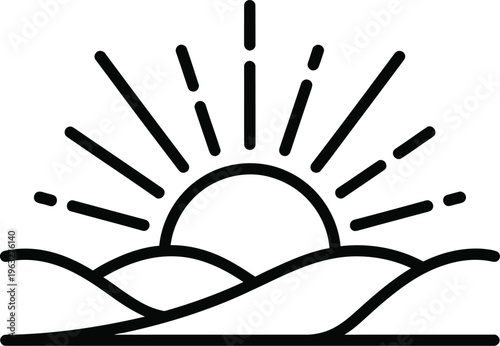 Simple sunrise over wavy hills in black and white minimalist line art